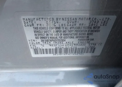 2014 Nissan Sentra Fe+ S/Fe+ Sv/S/Sl/Sr/Sv from USA, damaged, VIN 3N1AB7AP4EY252904